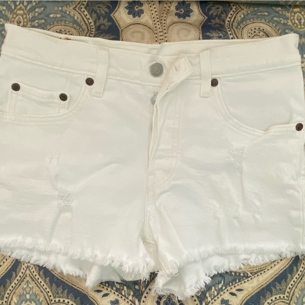 501 White Frayed Denim Shorts
